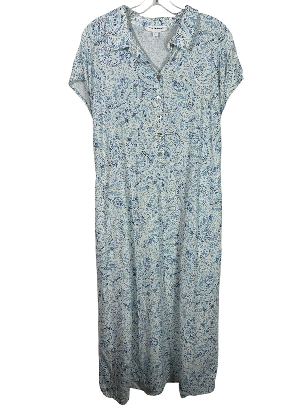 Lucky Brand Linen Blend Light Blue Paisley Button Down Midi Dress Plus Size 1X